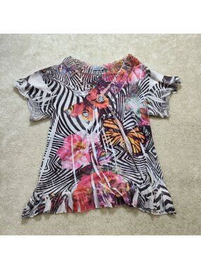 Unity World Wear Blouse Women 2X Butterfly Floral Zebra Ruffled Hem Knit Top VGC